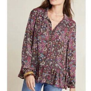 Anthropologie Janie Purple Floral Ruffle Hem Peasant Boho Blouse Top Size 0